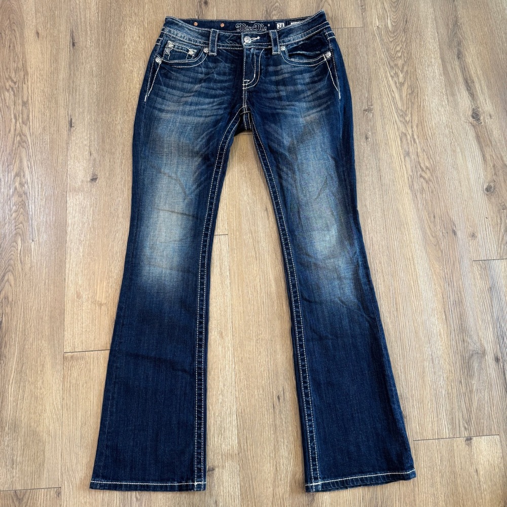 Miss Me Signature Bootcut Low Rise Jeans Dark Wash Embroidery Rhinestone Size 28 - Picture 2 of 9